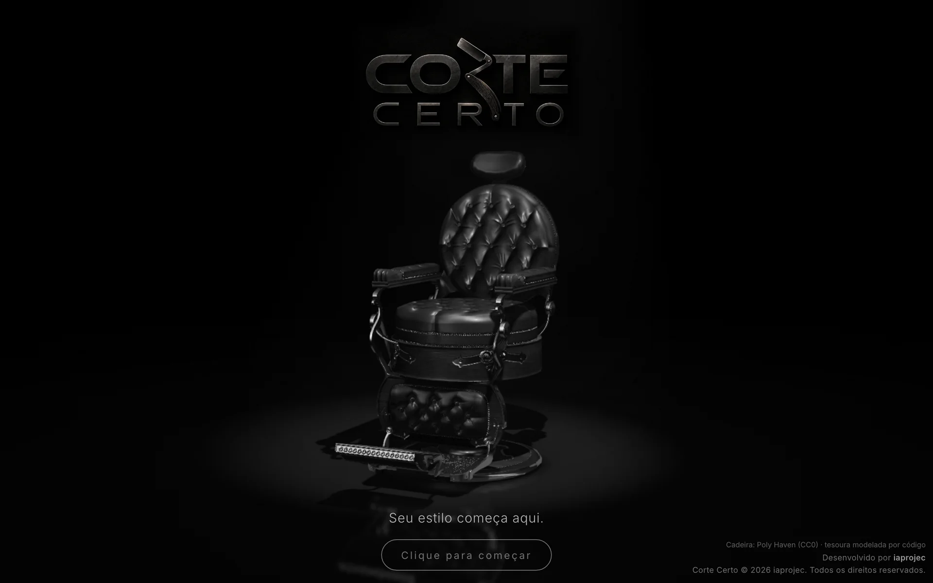 Tela de abertura do Corte Certo com a cadeira de barbeiro