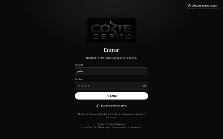 Tela de login dos barbeiros, com acesso separado para o administrador