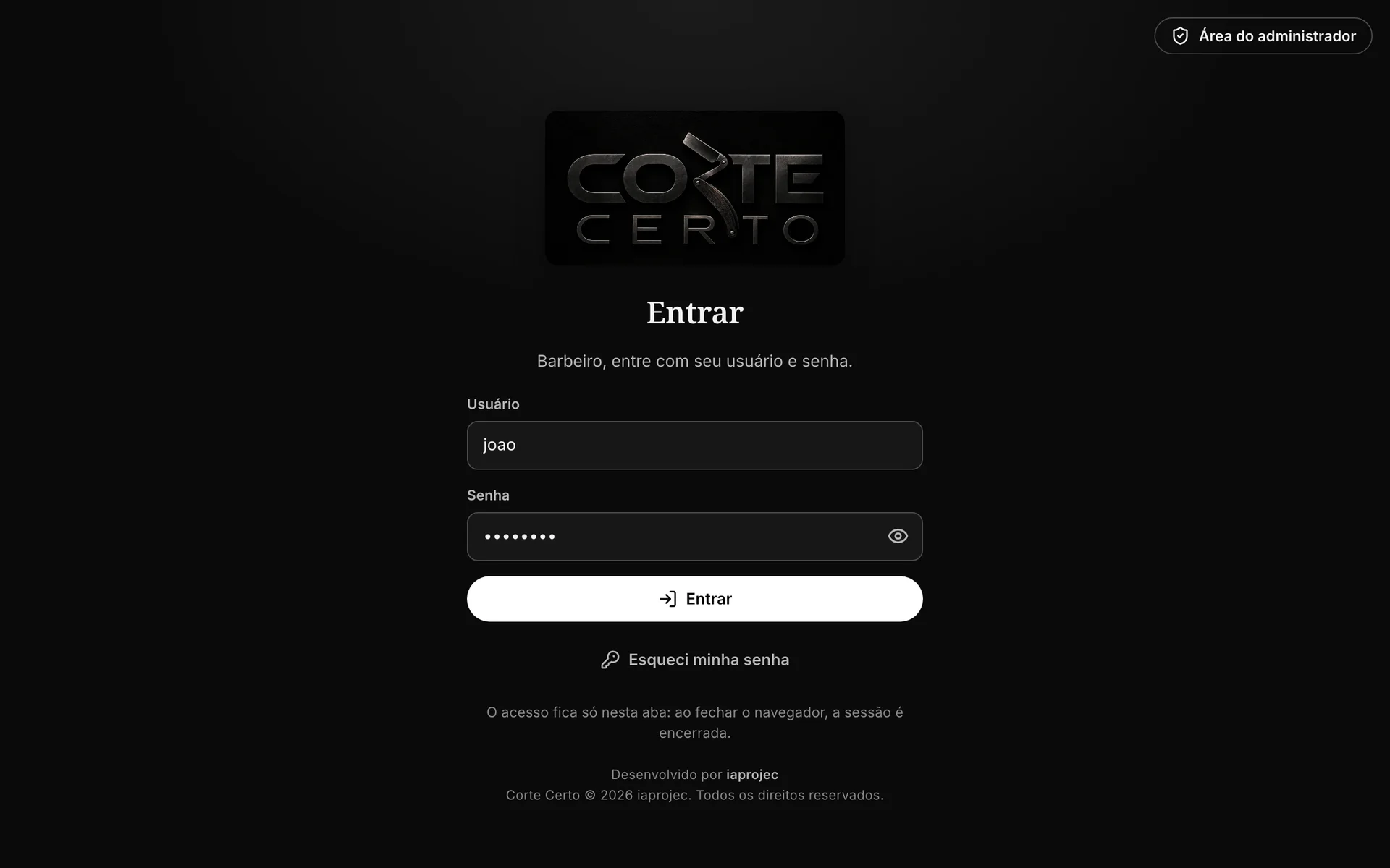 Tela de login dos barbeiros, com acesso separado para o administrador