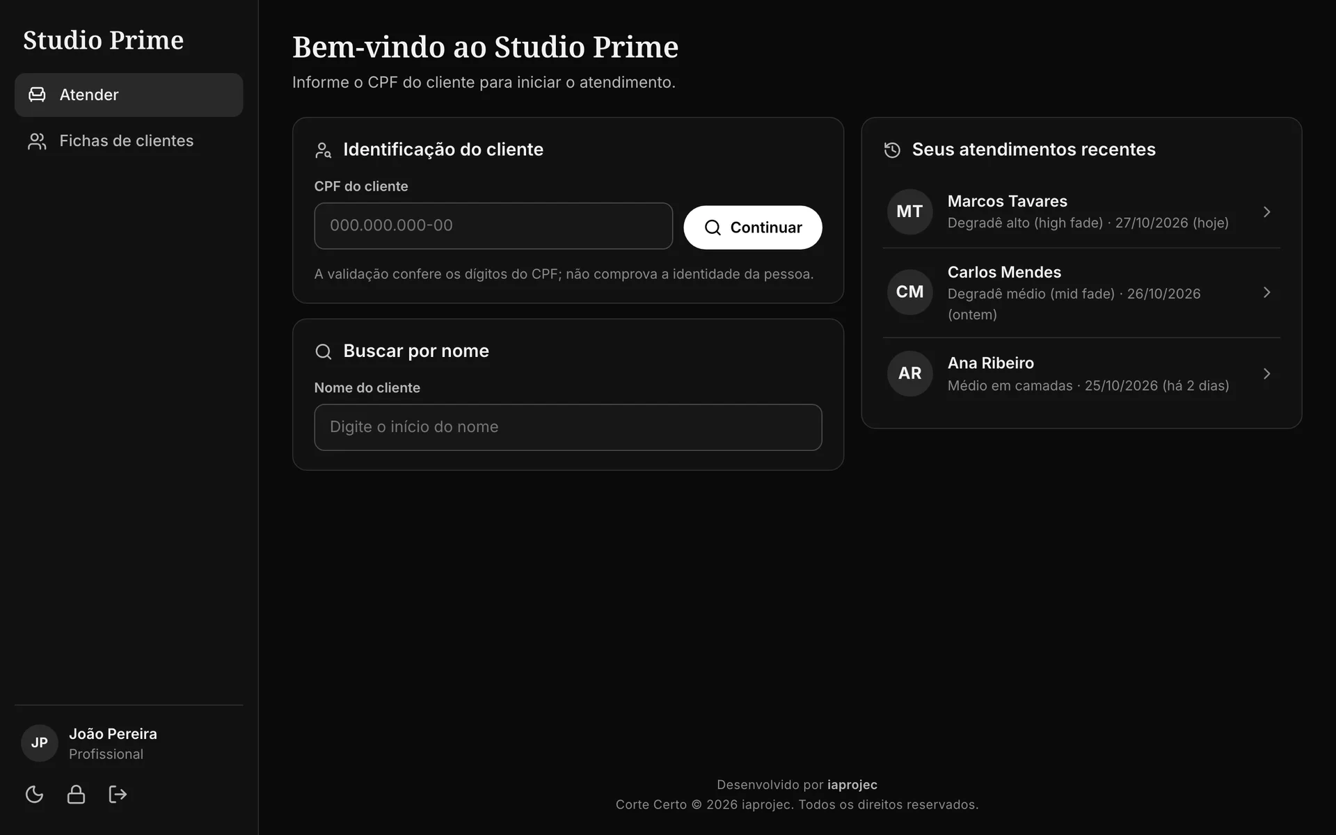 Painel do barbeiro depois do login: busca do cliente e atendimentos recentes